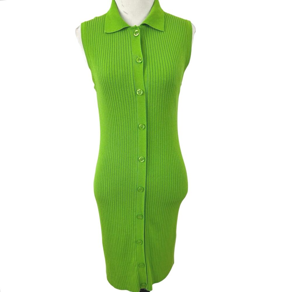 Zara Lime Green Ribbed Knit Button Front Polo Midi Dress M Y2K